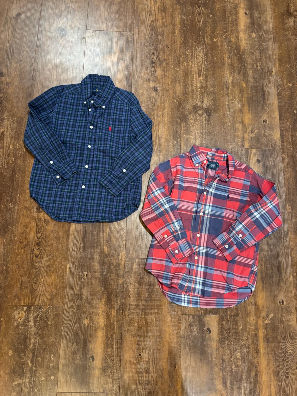 Two Plaid Polo Button-Down Shirts - Red & Navy